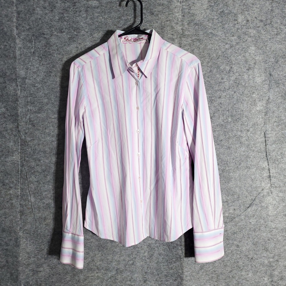 Robert Graham‎ Button Down Shirt Womens 12 Pink Blue Stripe Long Sleeve Striped